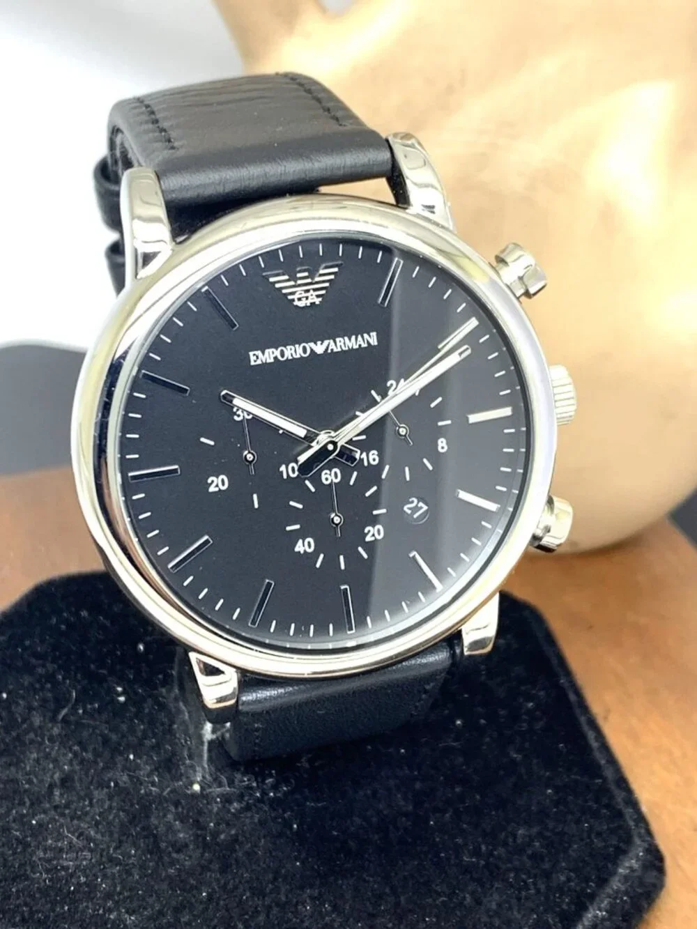Emporio Armani Men's Watch AR1828 Quartz Chronograph Black Dial Leather Strap